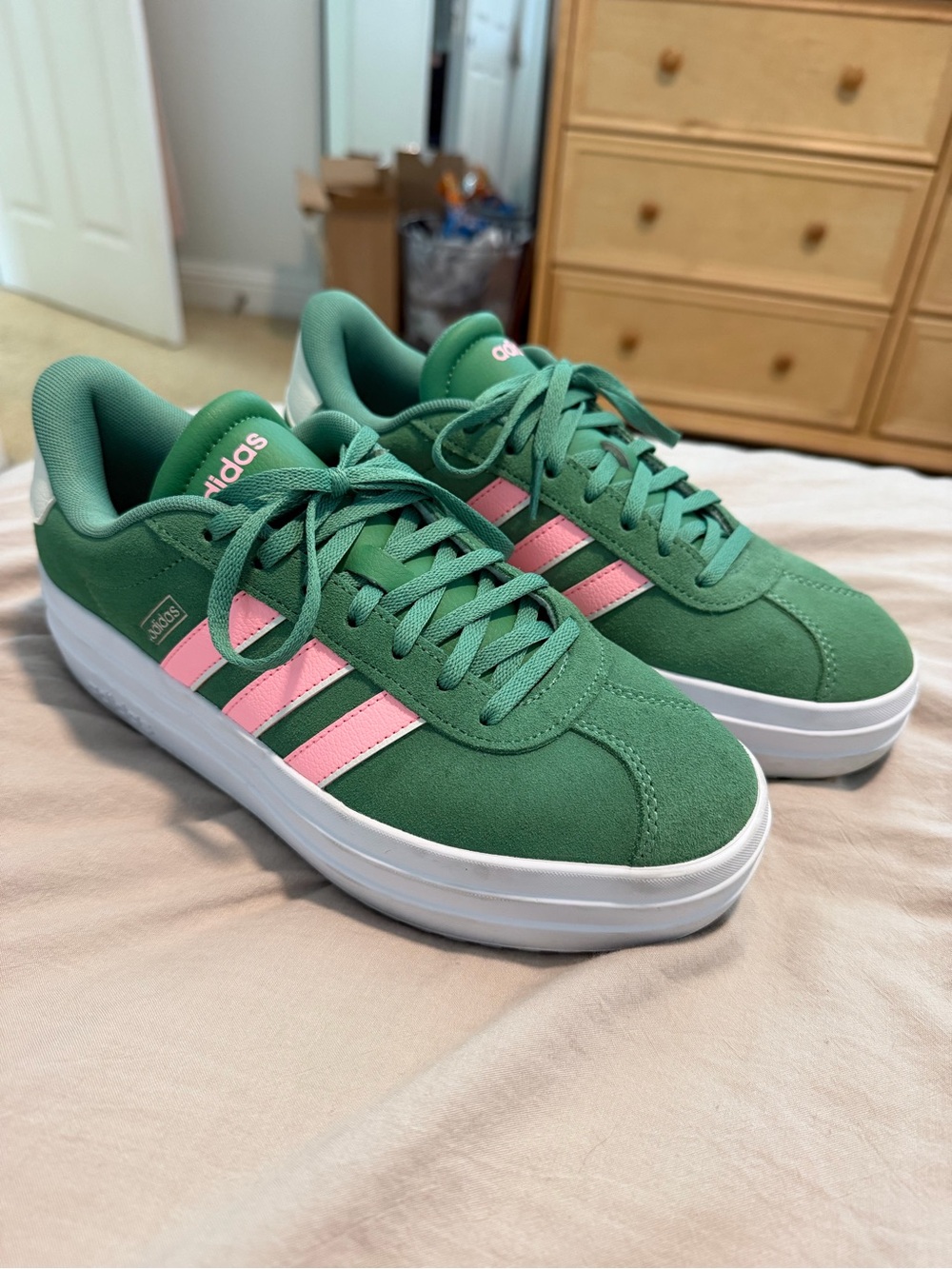 adidas Women's Green Suede Sneakers with Pink Stripes